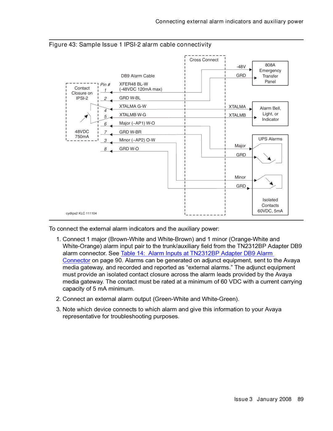 Avaya 03-300686 manual Sample Issue 1 IPSI-2 alarm cable connectivity 