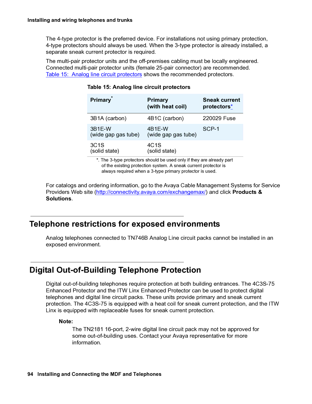 Avaya 03-300686 manual Telephone restrictions for exposed environments, Digital Out-of-Building Telephone Protection 