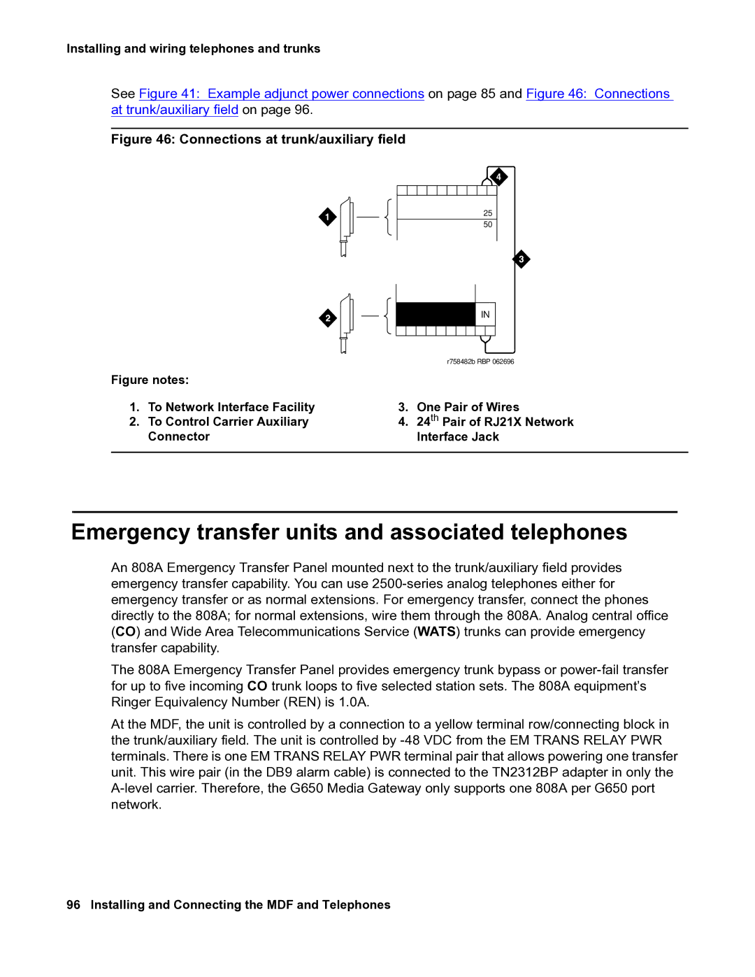 Avaya 03-300686 manual Emergency transfer units and associated telephones, Connections at trunk/auxiliary field 