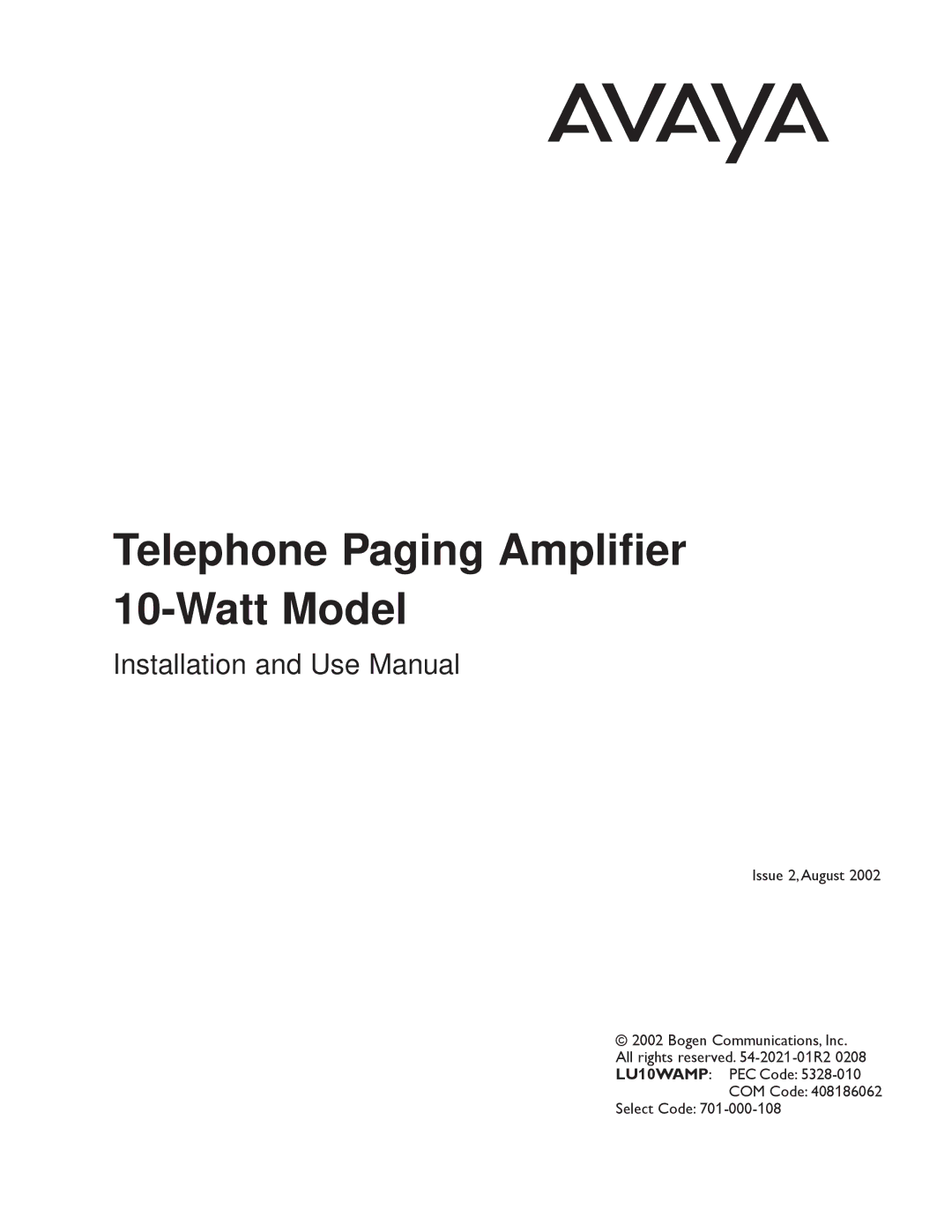 Avaya manual Telephone Paging Amplifier 10-Watt Model 