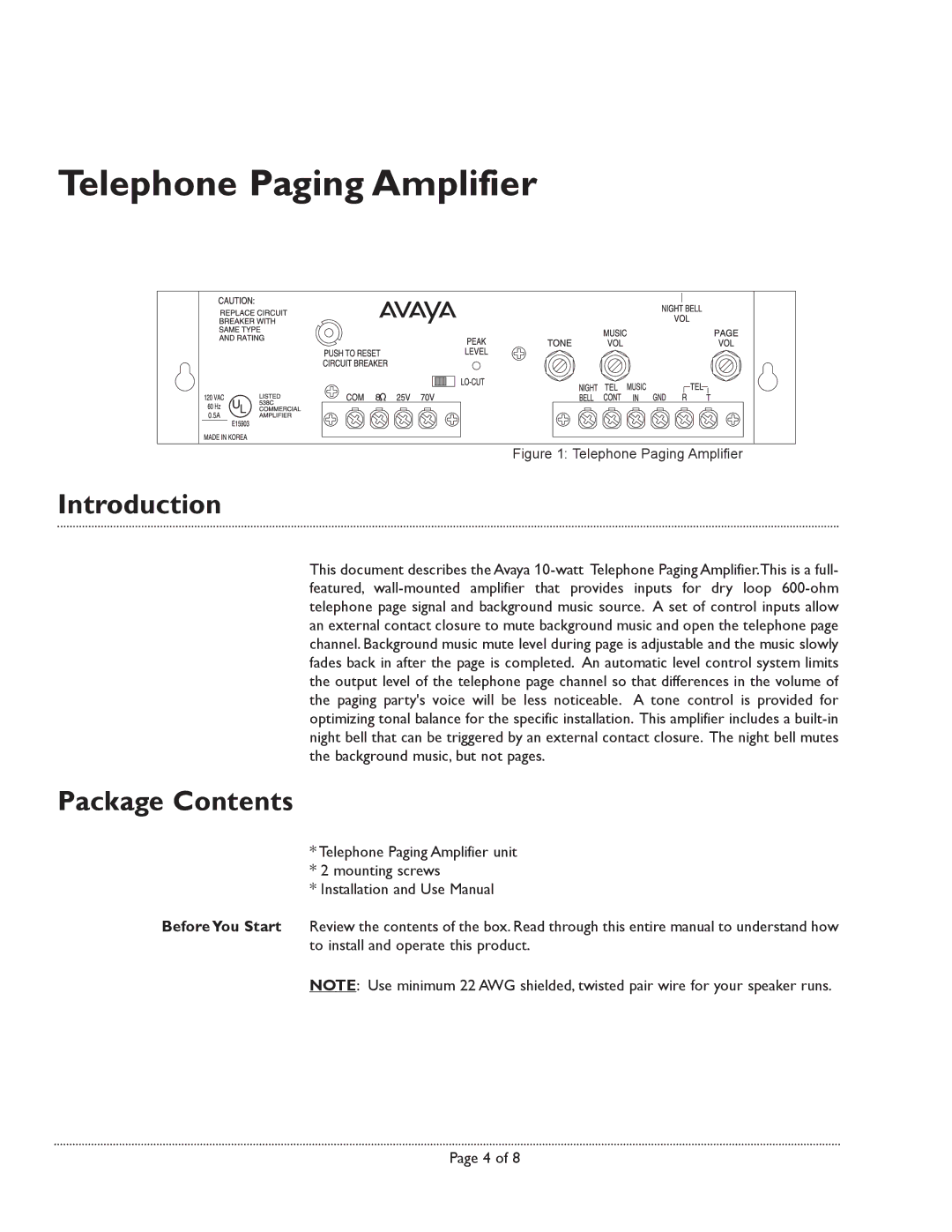 Avaya 10-Watt manual Telephone Paging Amplifier, Introduction, Package Contents 