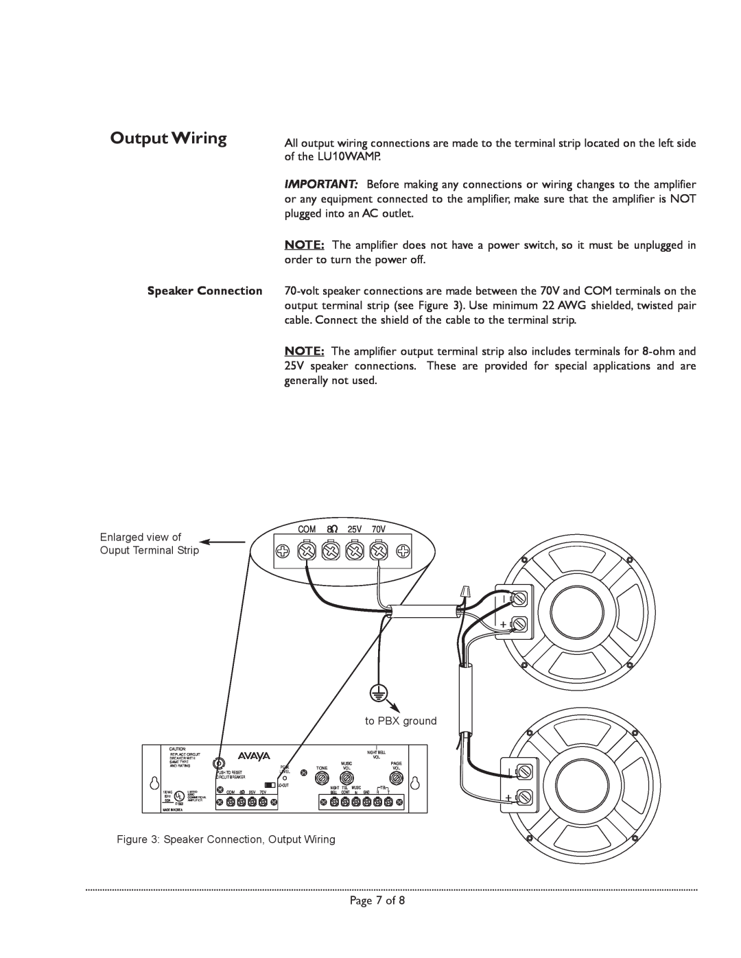 Avaya 10-Watt manual Output Wiring, Speaker Connection 