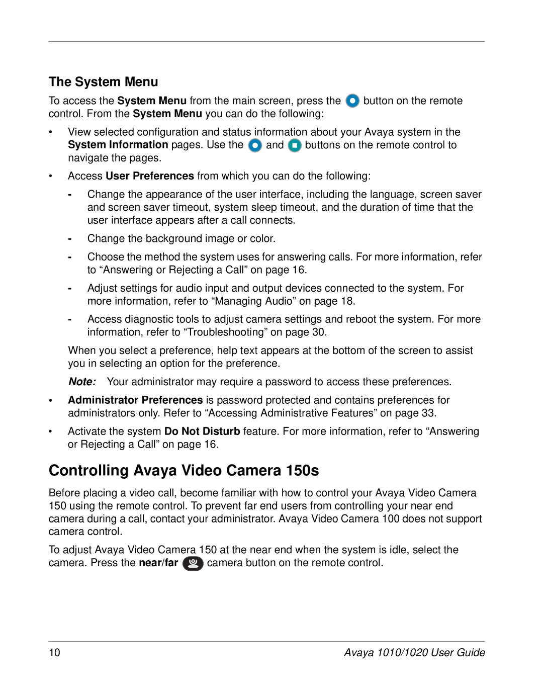Avaya 1020, 1010 manual Controlling Avaya Video Camera 150s, System Menu 