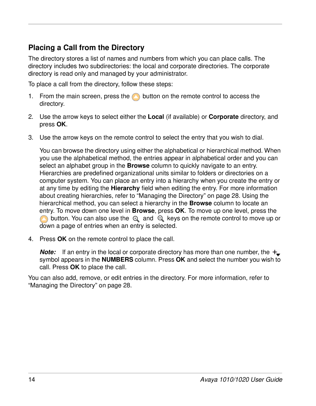 Avaya 1020, 1010 manual Placing a Call from the Directory 