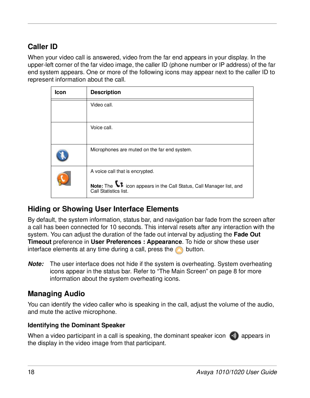 Avaya 1020, 1010 Caller ID, Hiding or Showing User Interface Elements, Managing Audio, Identifying the Dominant Speaker 