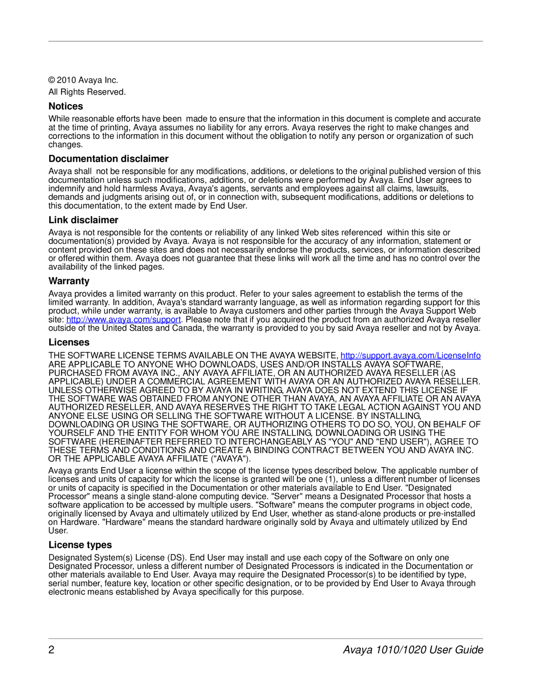 Avaya 1020, 1010 manual Documentation disclaimer, Link disclaimer, Warranty Licenses, License types 