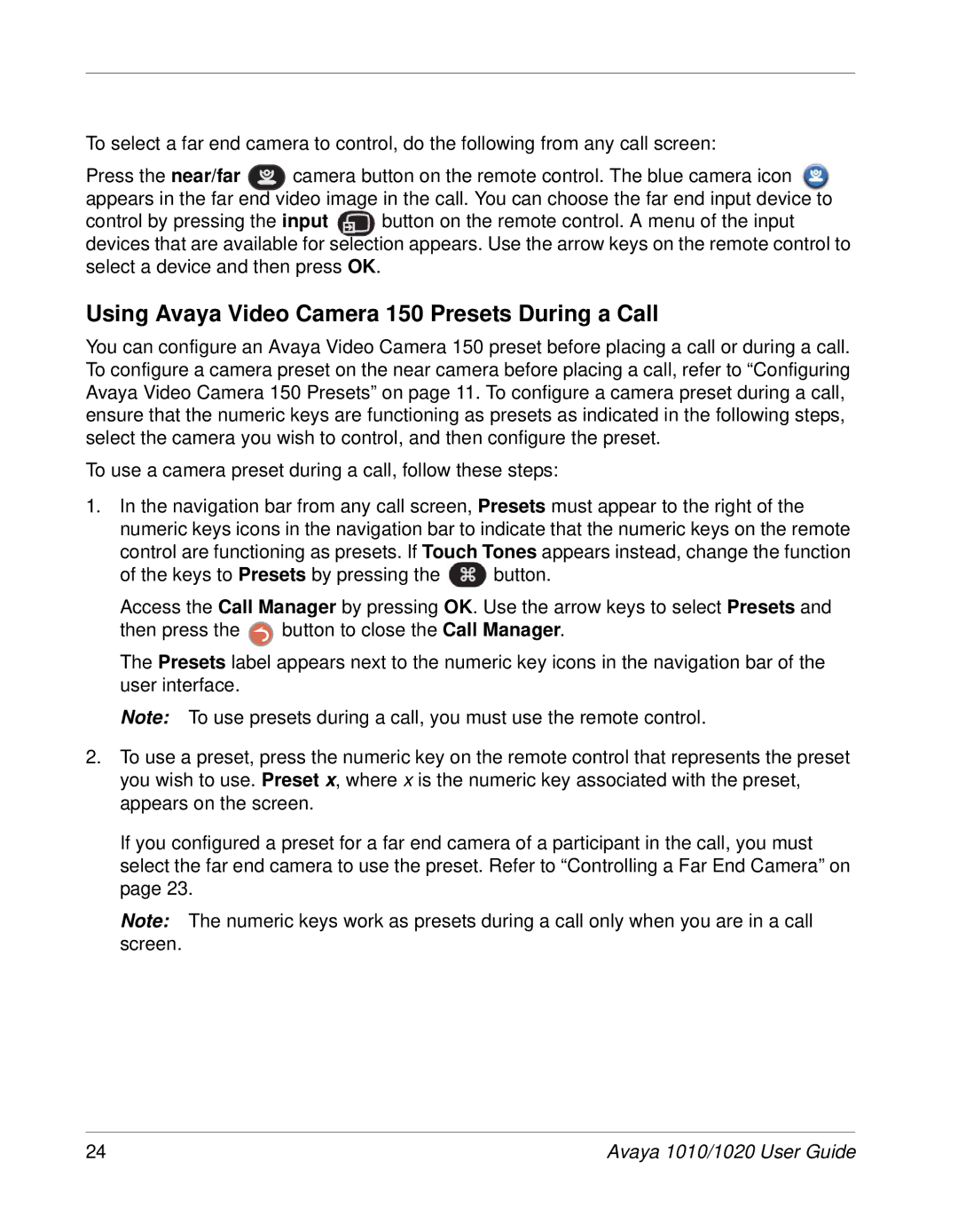 Avaya 1020, 1010 manual Using Avaya Video Camera 150 Presets During a Call 