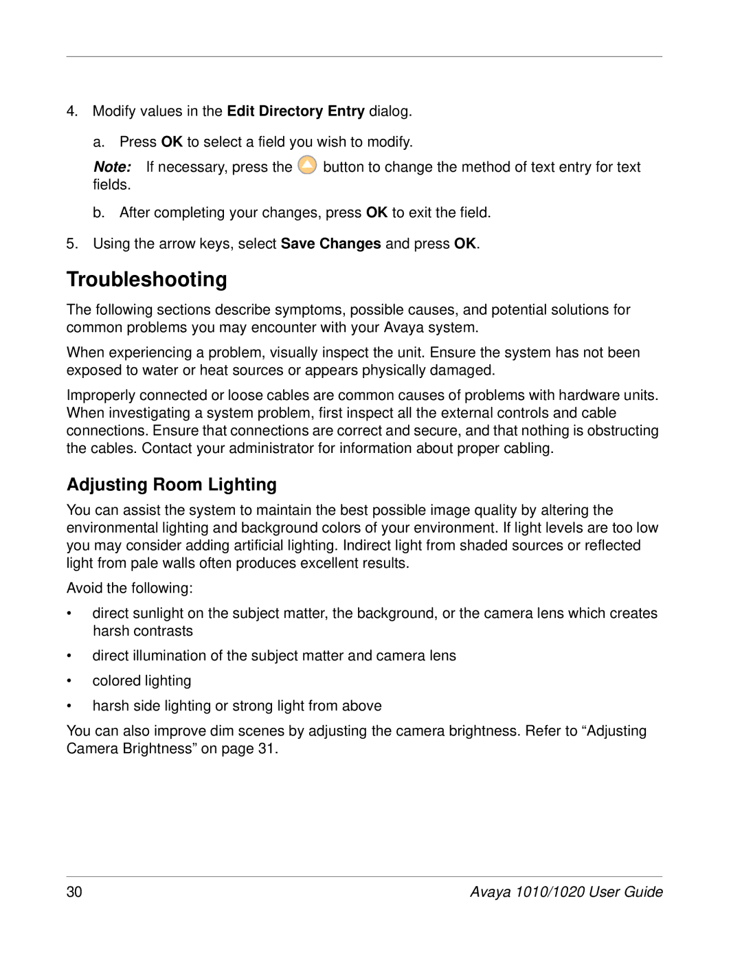 Avaya 1020, 1010 manual Troubleshooting, Adjusting Room Lighting 