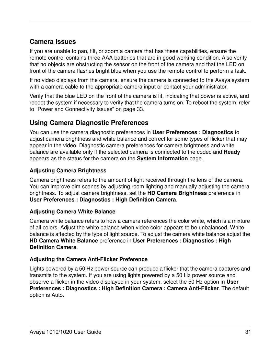 Avaya 1010 Camera Issues, Using Camera Diagnostic Preferences, Adjusting Camera Brightness, Adjusting Camera White Balance 