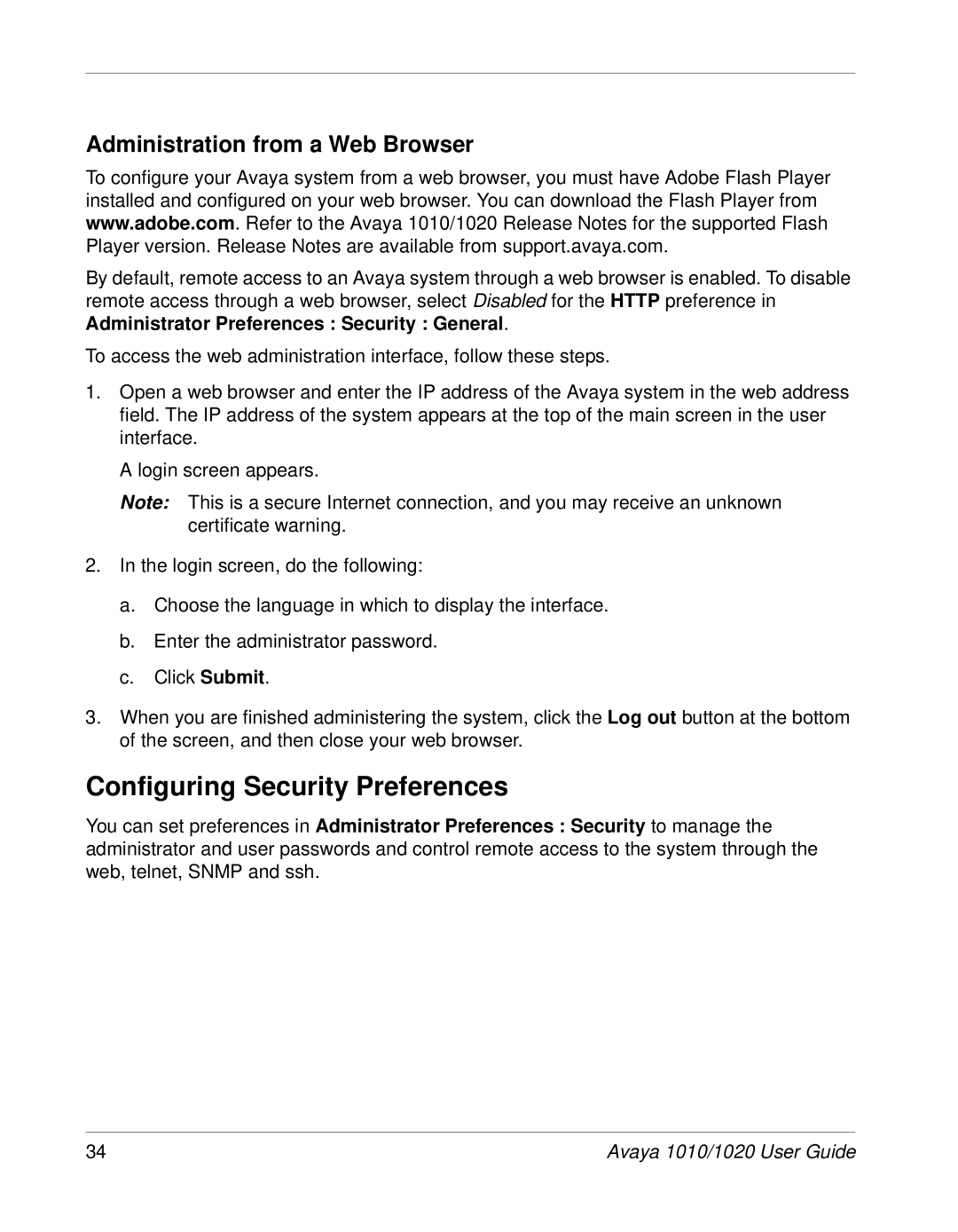 Avaya 1020, 1010 manual Configuring Security Preferences, Administration from a Web Browser 