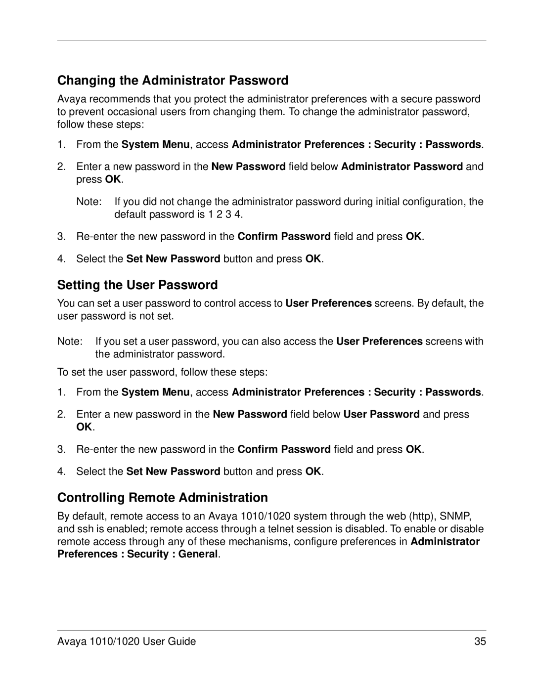 Avaya 1010, 1020 manual Changing the Administrator Password, Setting the User Password, Controlling Remote Administration 