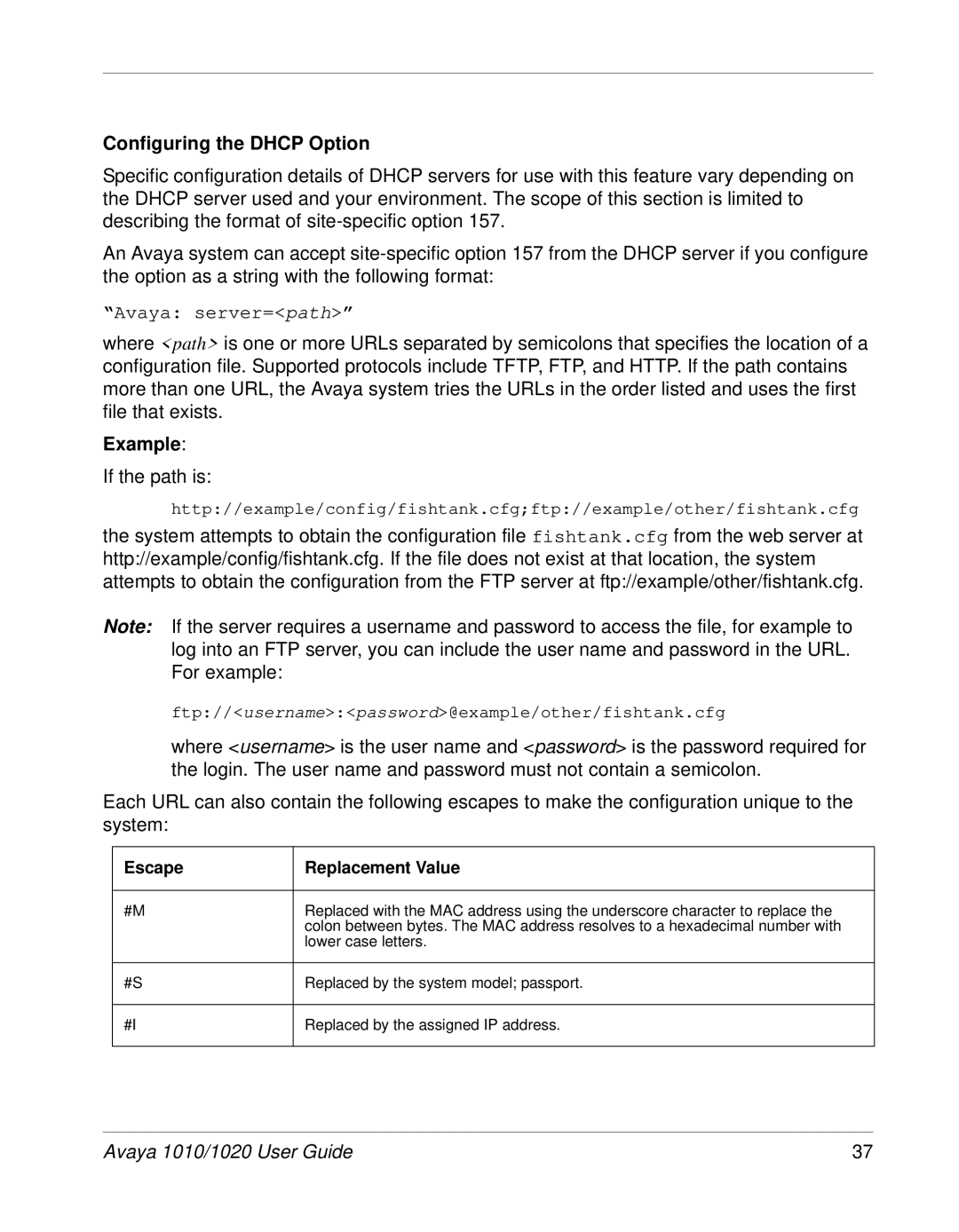 Avaya 1010, 1020 manual Configuring the Dhcp Option, Example, Escape Replacement Value 