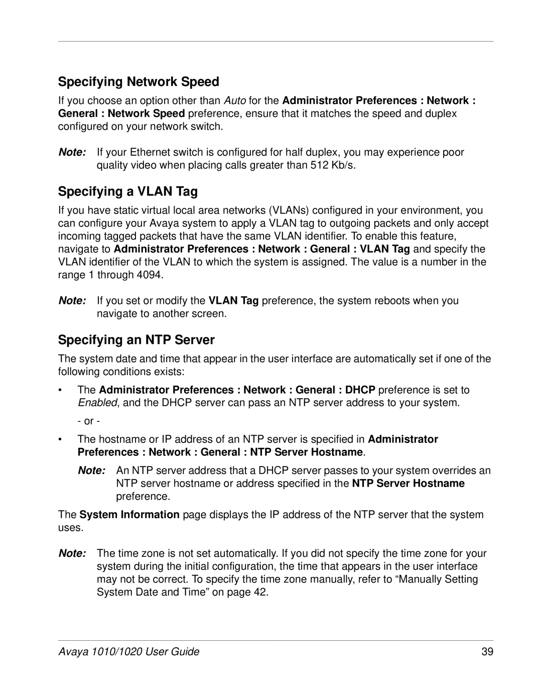 Avaya 1010, 1020 manual Specifying Network Speed, Specifying a Vlan Tag, Specifying an NTP Server 