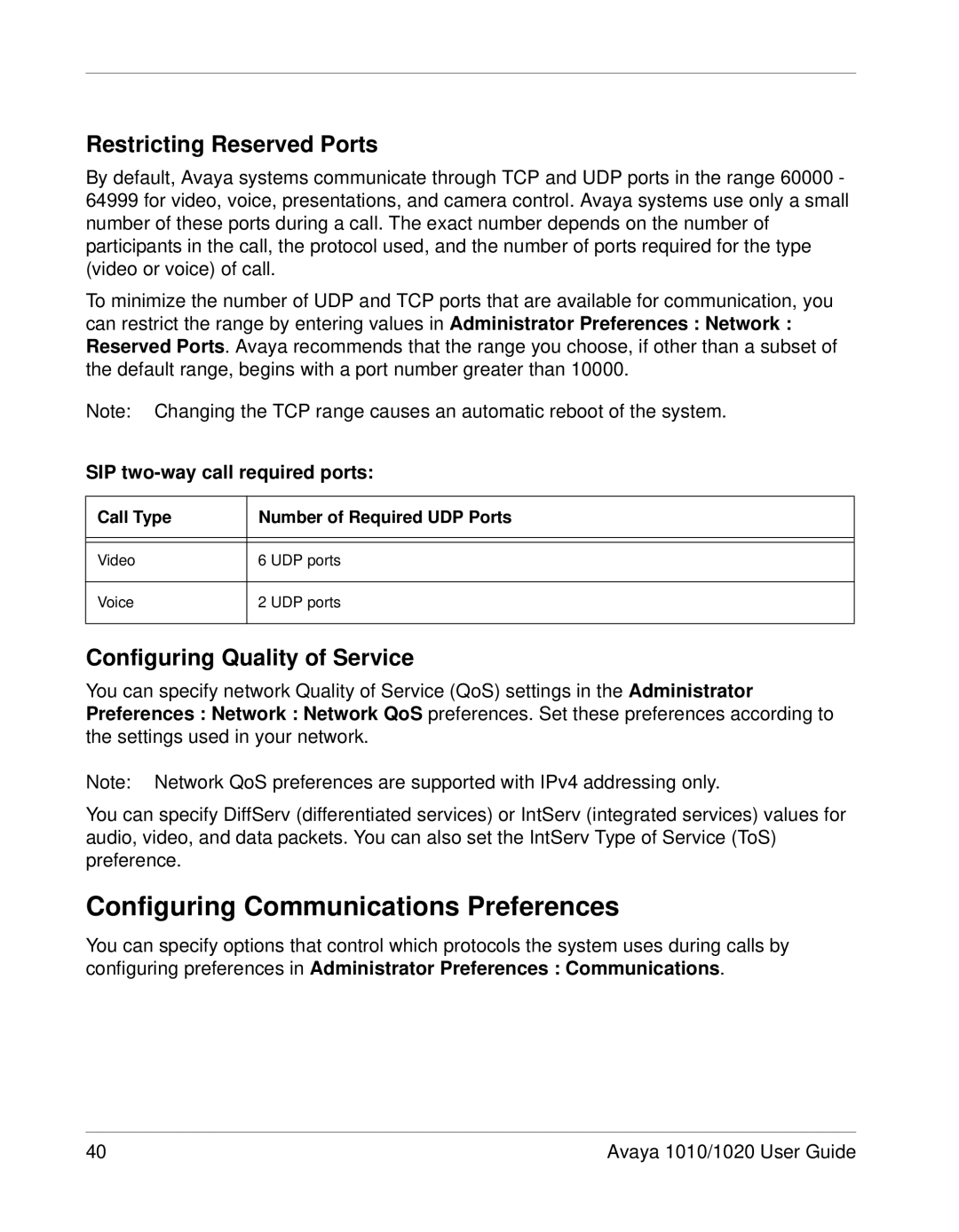 Avaya 1020, 1010 manual Configuring Communications Preferences, Restricting Reserved Ports, Configuring Quality of Service 