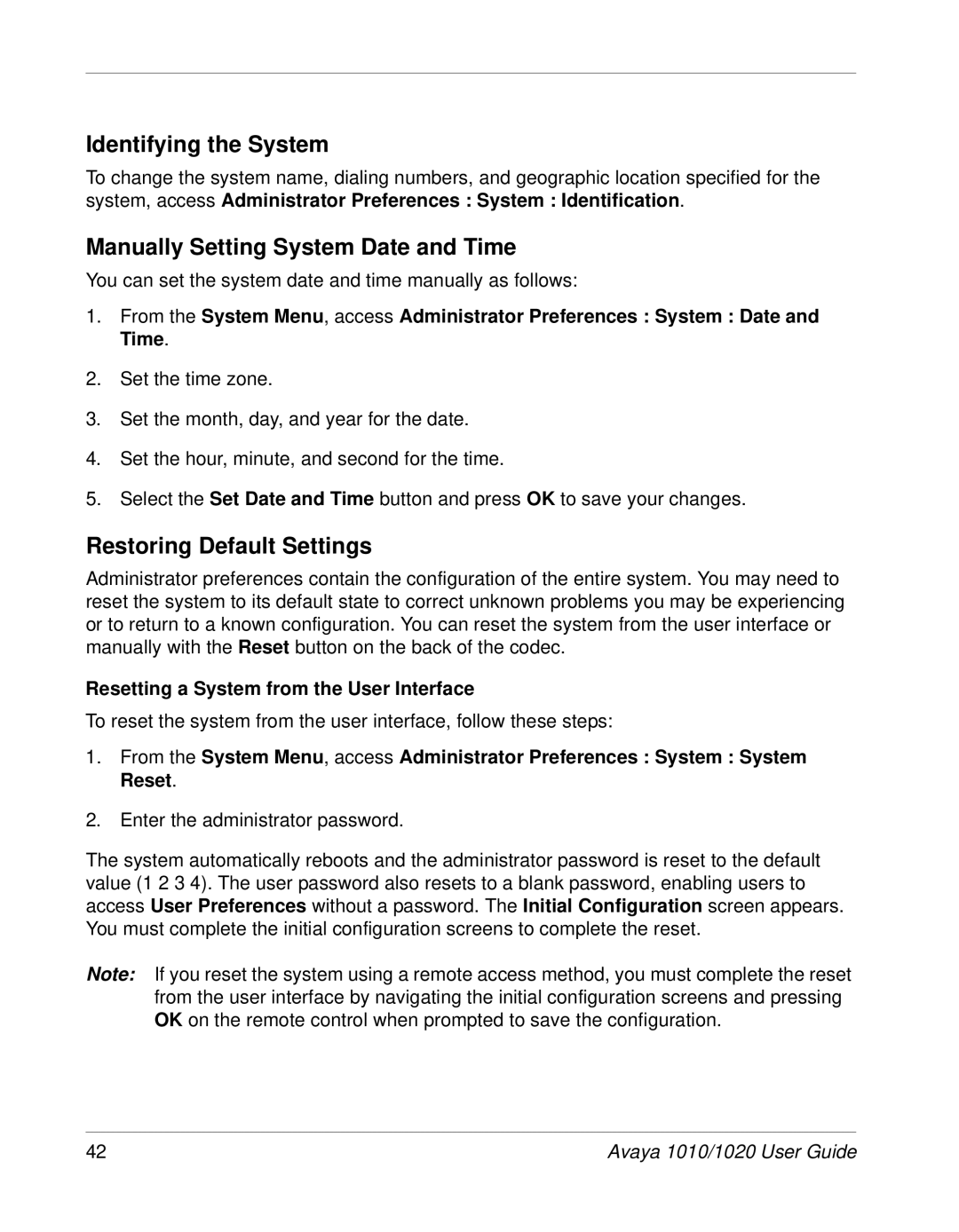 Avaya 1020, 1010 manual Identifying the System, Manually Setting System Date and Time, Restoring Default Settings 