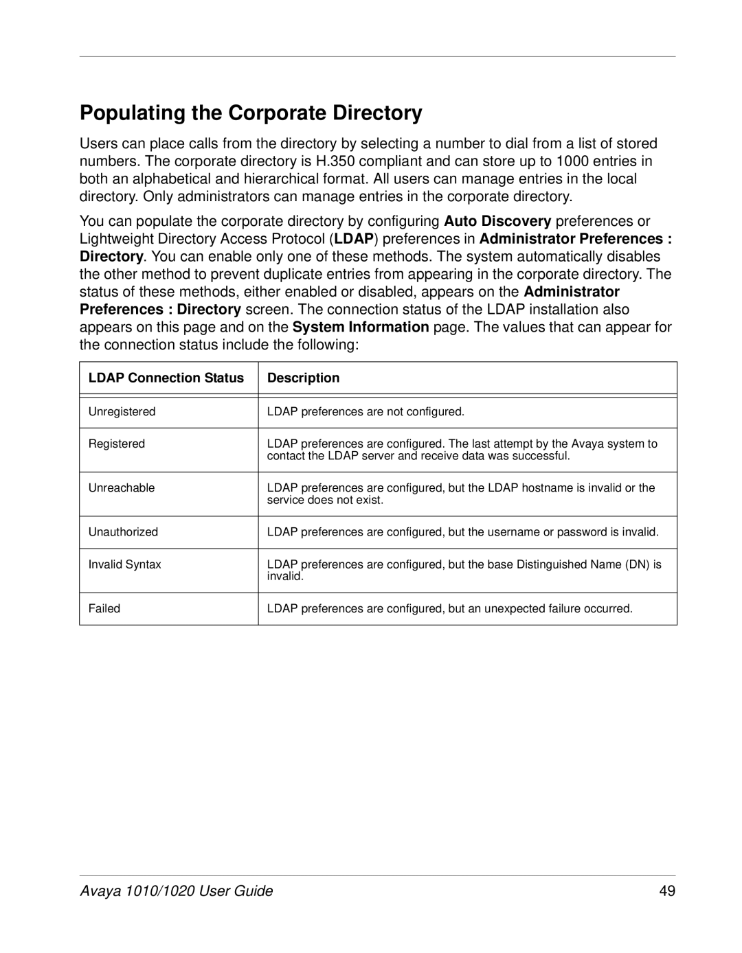 Avaya 1010, 1020 manual Populating the Corporate Directory, Ldap Connection Status Description 