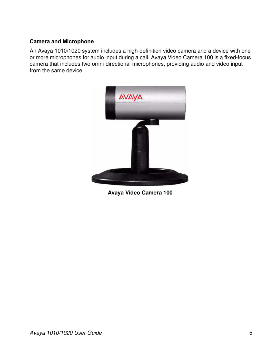 Avaya 1010, 1020 manual Camera and Microphone, Avaya Video Camera 