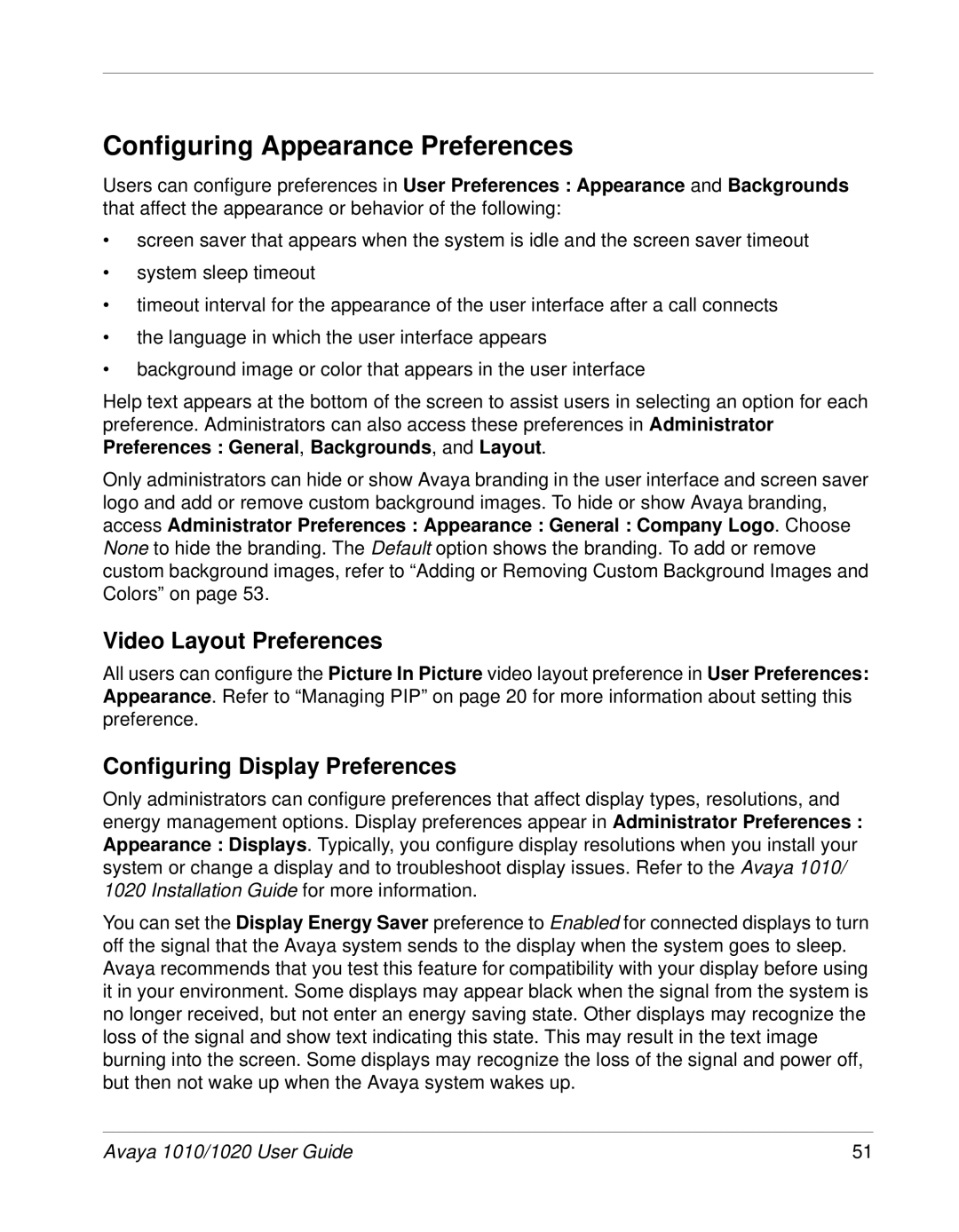 Avaya 1010, 1020 manual Configuring Appearance Preferences, Video Layout Preferences, Configuring Display Preferences 