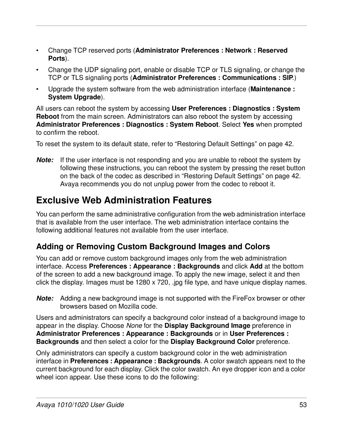 Avaya 1010, 1020 manual Exclusive Web Administration Features, Adding or Removing Custom Background Images and Colors 