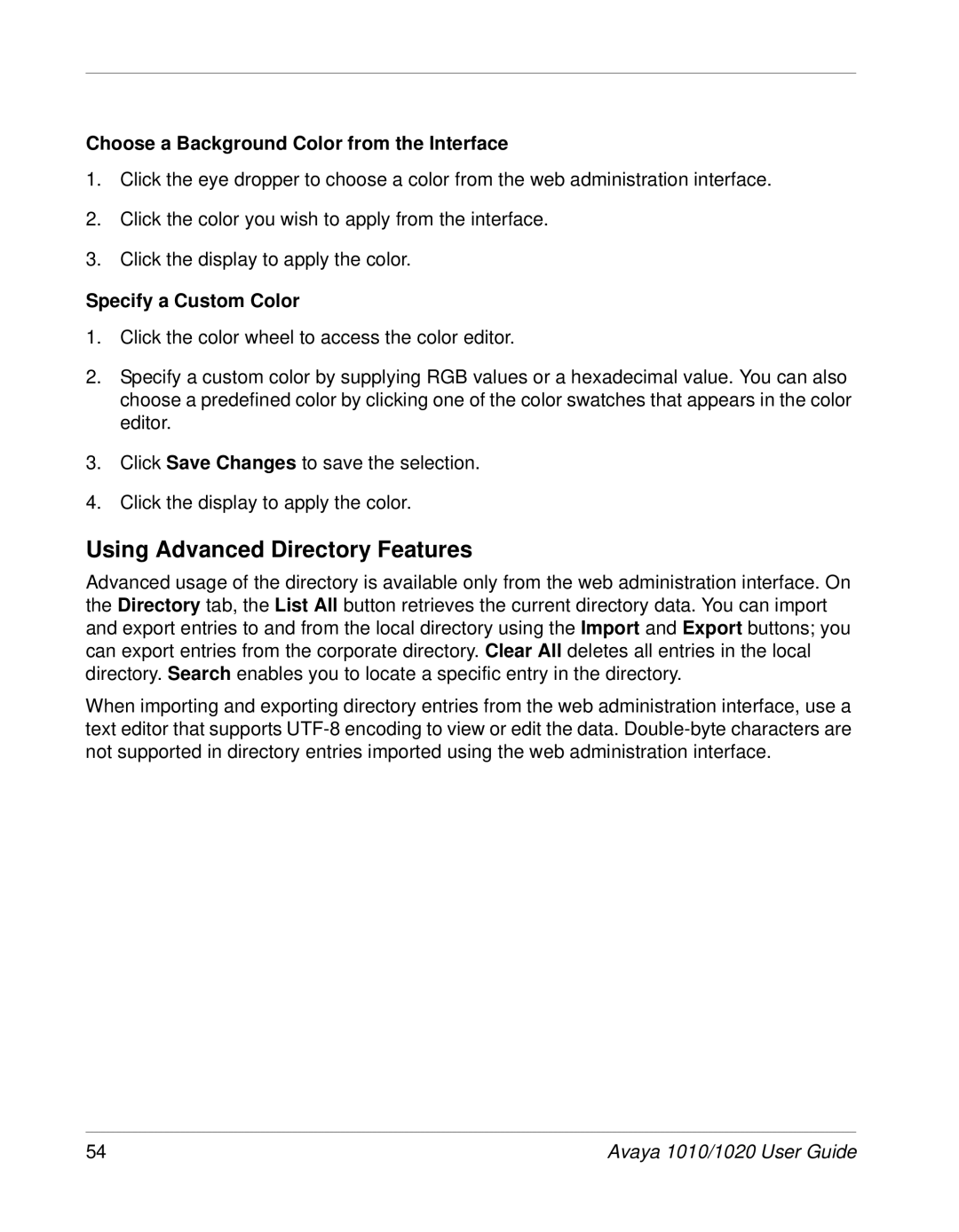 Avaya 1020, 1010 Using Advanced Directory Features, Choose a Background Color from the Interface, Specify a Custom Color 