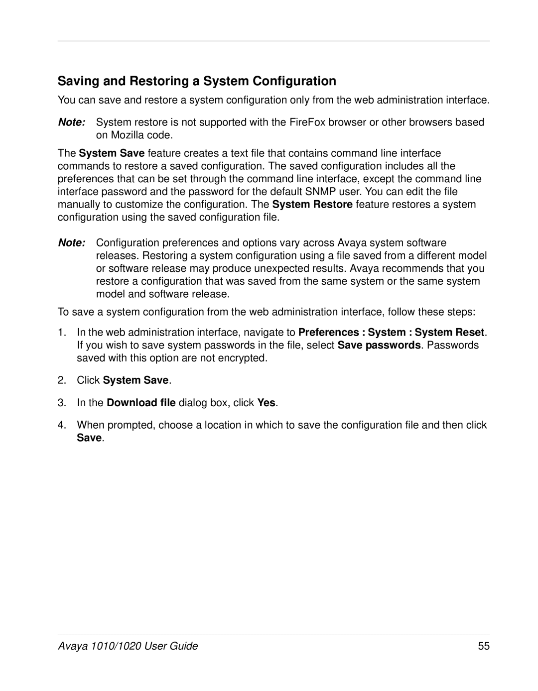 Avaya 1010, 1020 manual Saving and Restoring a System Configuration, Click System Save 