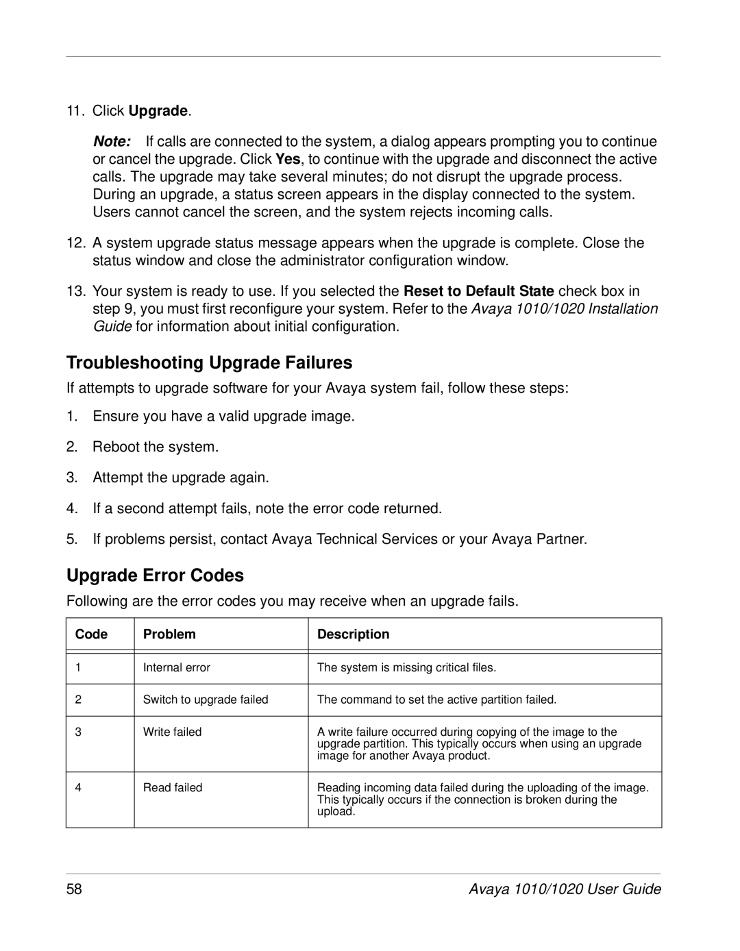 Avaya 1020, 1010 manual Troubleshooting Upgrade Failures, Upgrade Error Codes, Code Problem Description 