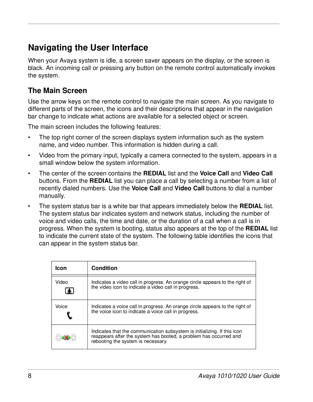 Avaya 1020, 1010 manual Navigating the User Interface, Main Screen, Icon Condition 