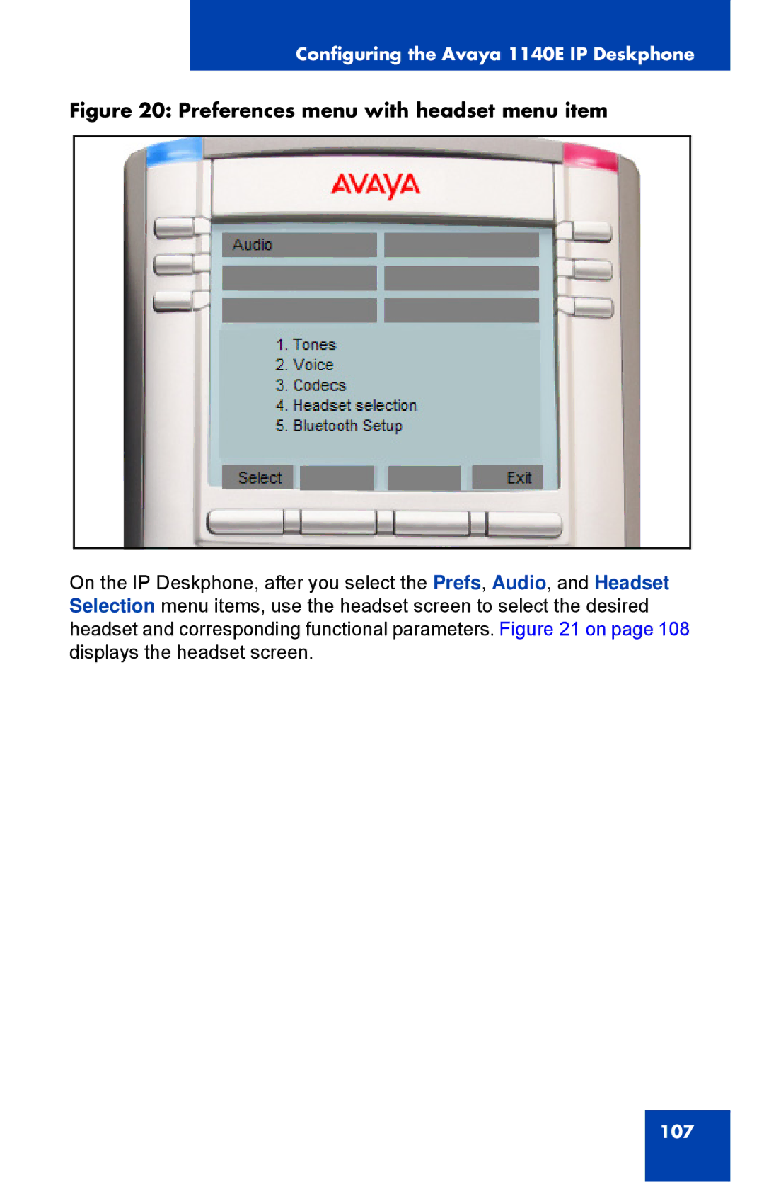 Avaya 1040E manual Preferences menu with headset menu item 