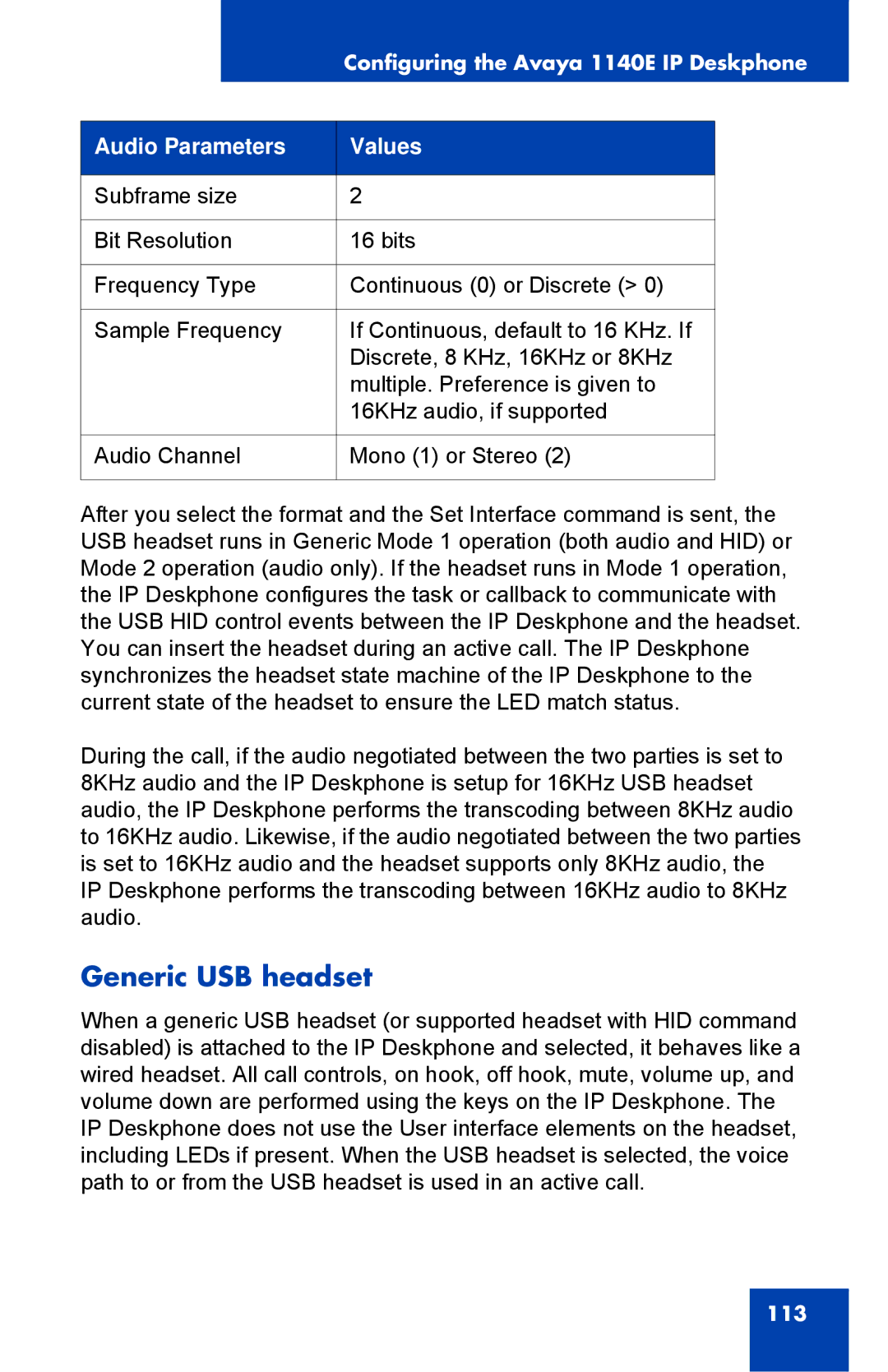 Avaya 1040E manual Generic USB headset, Audio Parameters Values 