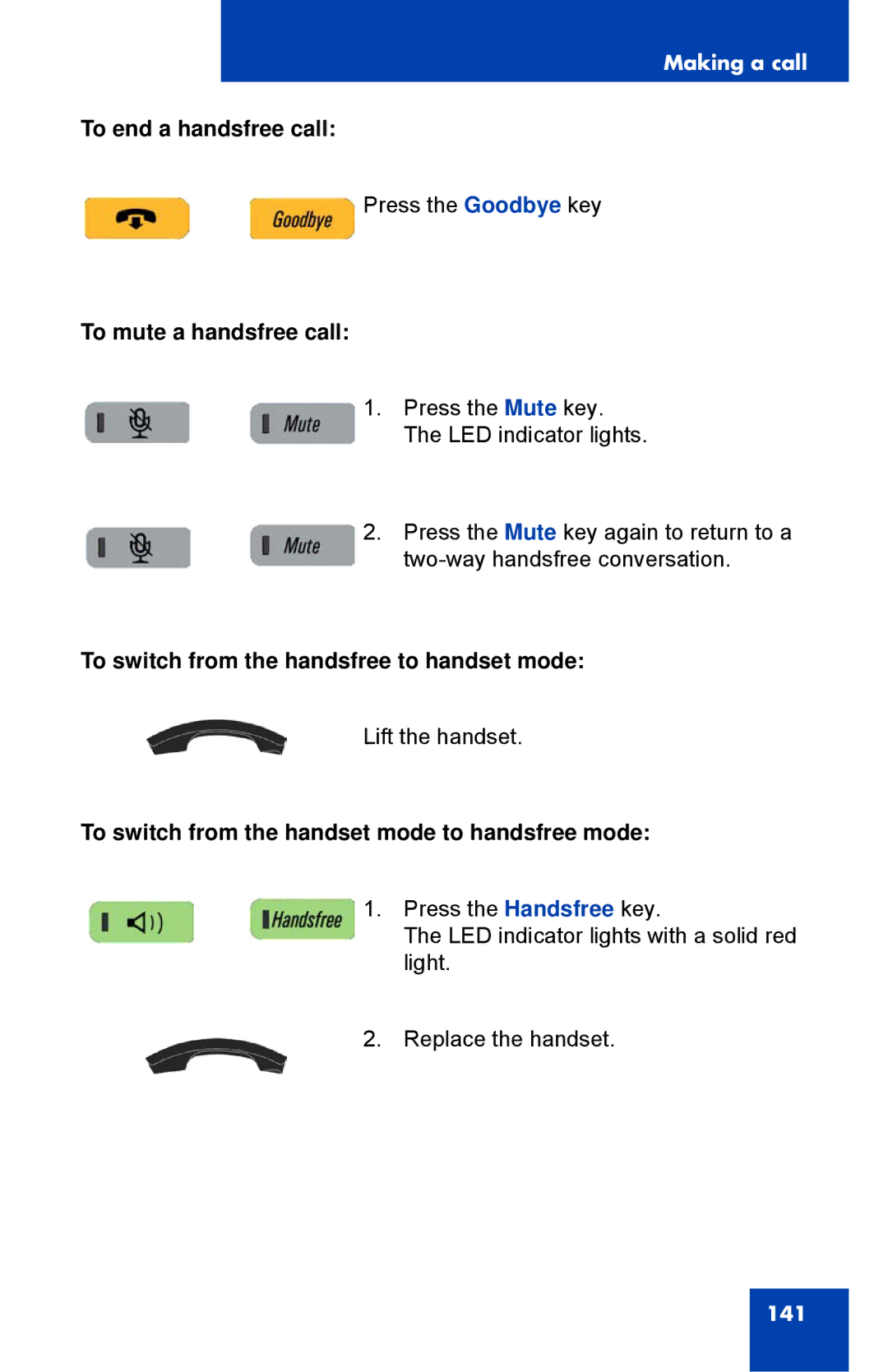 Avaya 1040E manual To end a handsfree call, To mute a handsfree call, To switch from the handsfree to handset mode 