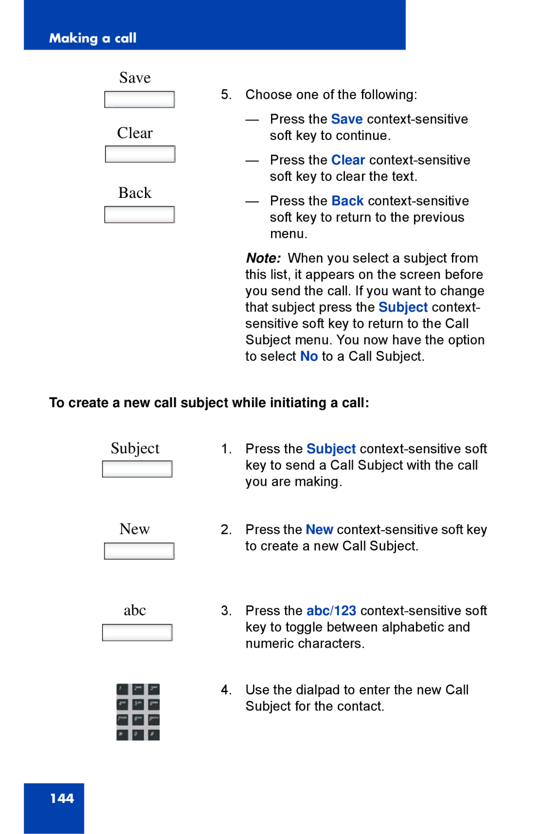 Avaya 1040E manual Save Clear Back, Subject, To create a new call subject while initiating a call 