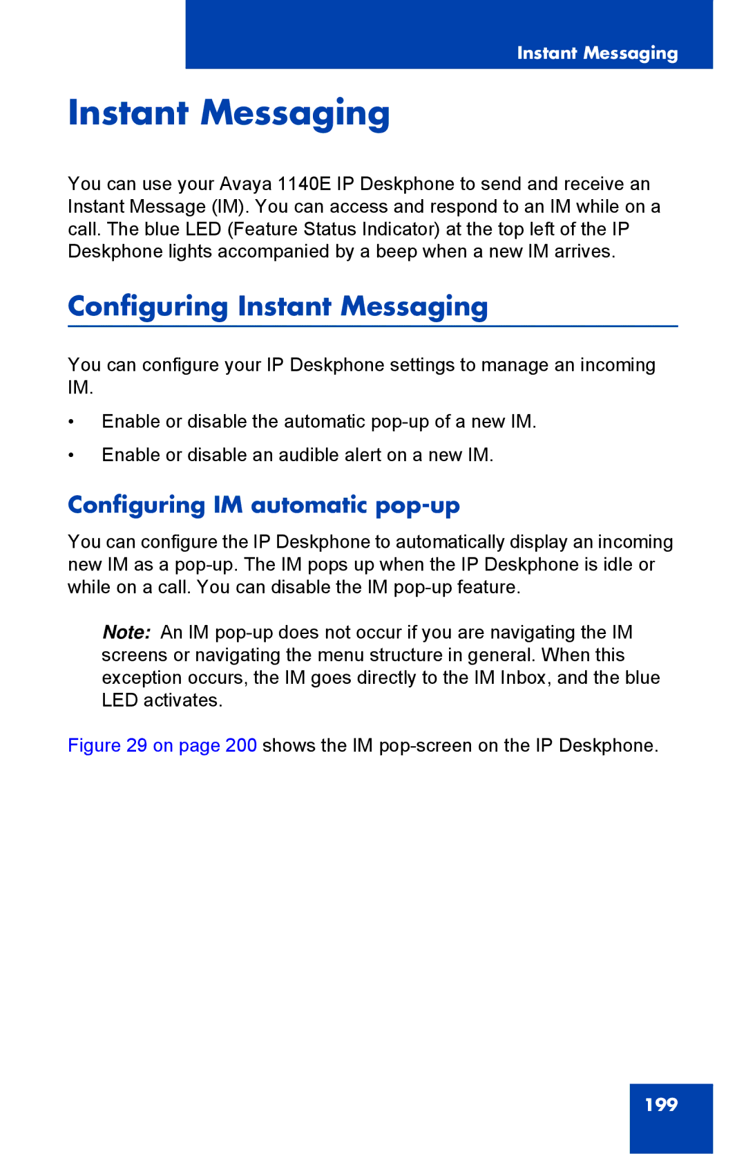 Avaya 1040E manual Configuring Instant Messaging, Configuring IM automatic pop-up 