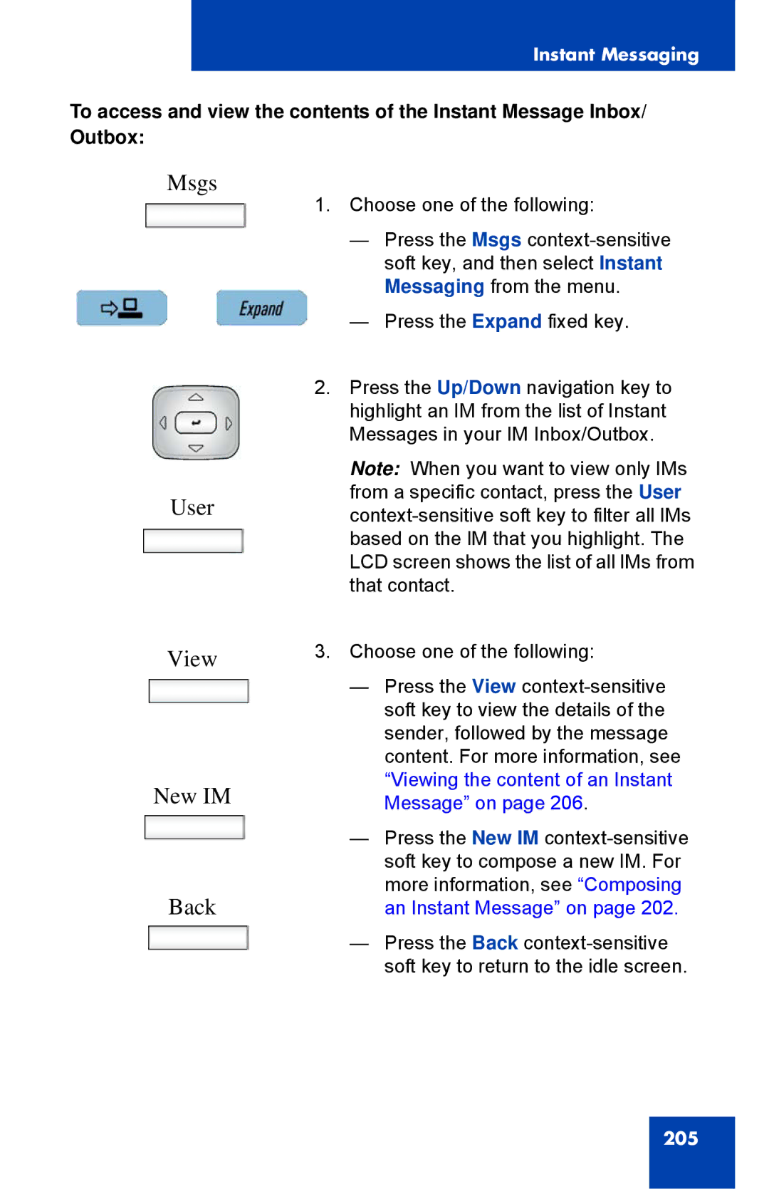 Avaya 1040E manual Msgs User, View New IM Back 