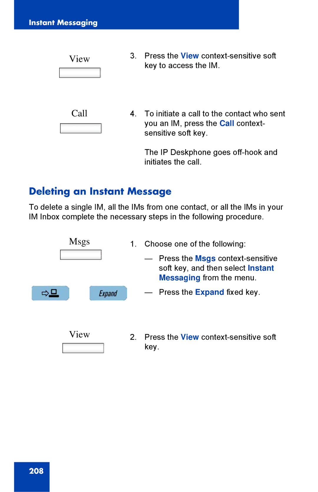 Avaya 1040E manual View Call, Deleting an Instant Message, Msgs View 