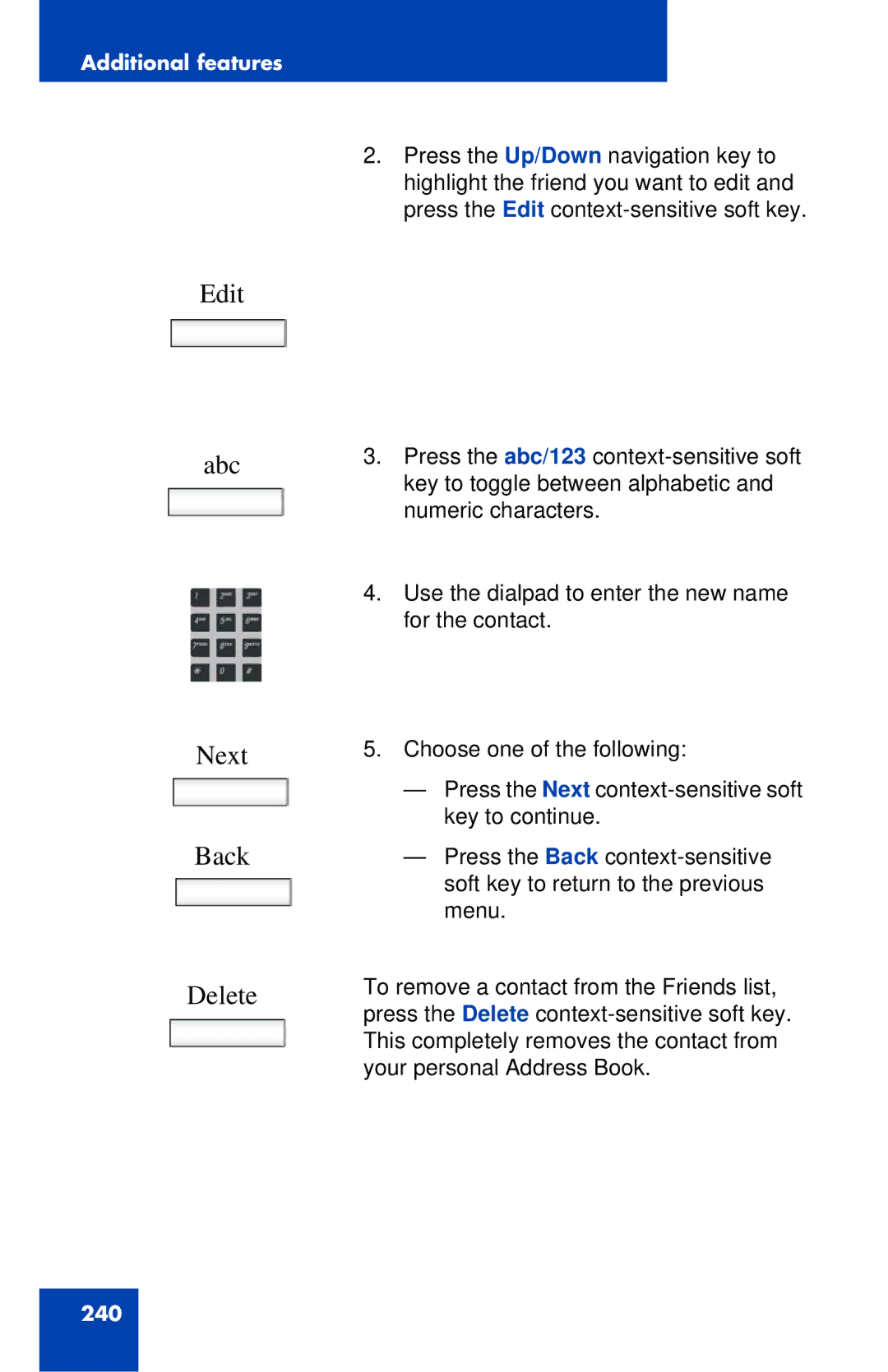 Avaya 1040E manual Edit Abc, Back Delete 