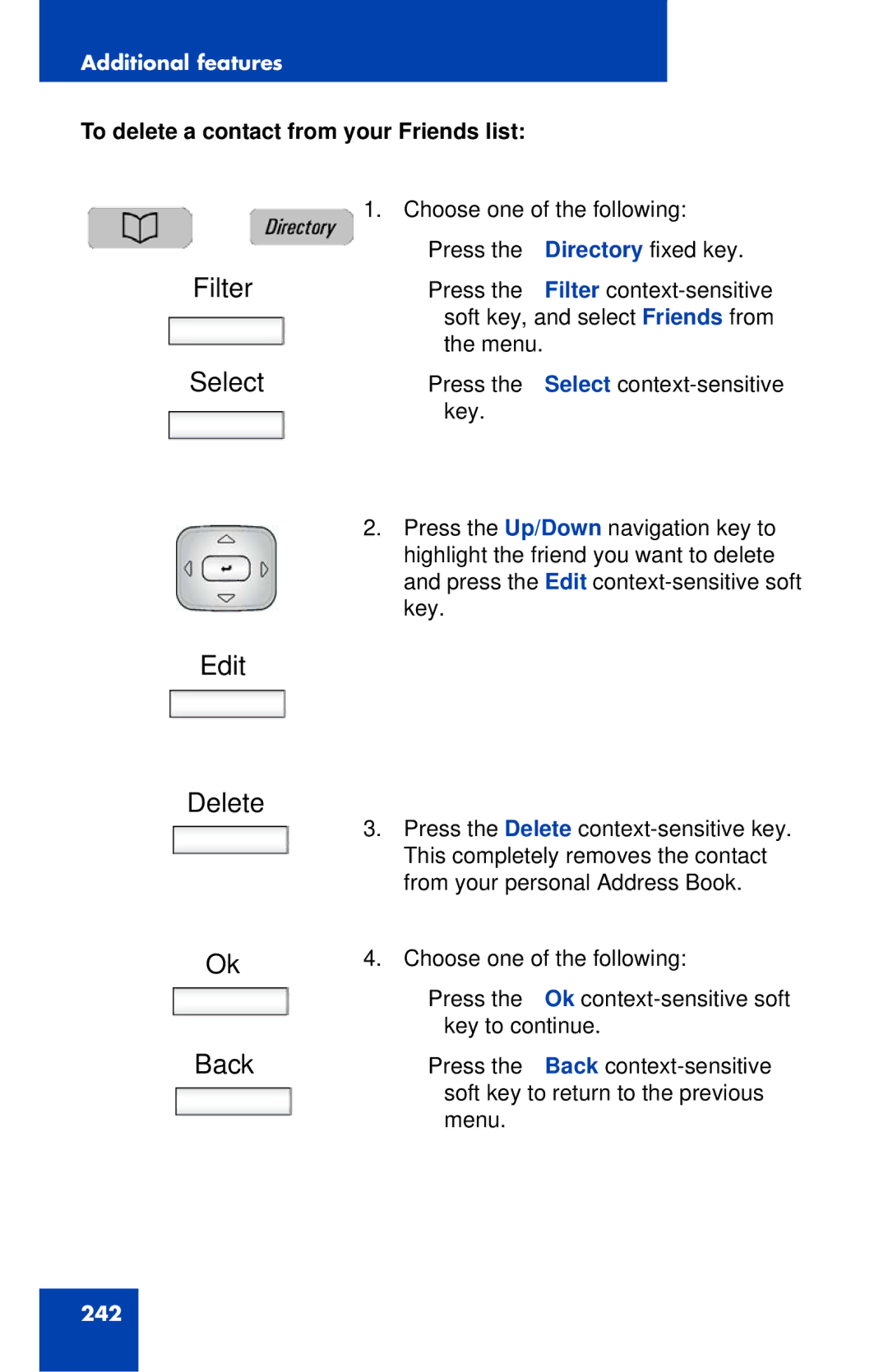 Avaya 1040E manual Edit Delete, To delete a contact from your Friends list 