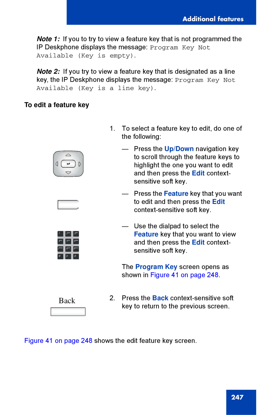 Avaya 1040E manual To edit a feature key, On page 248 shows the edit feature key screen 