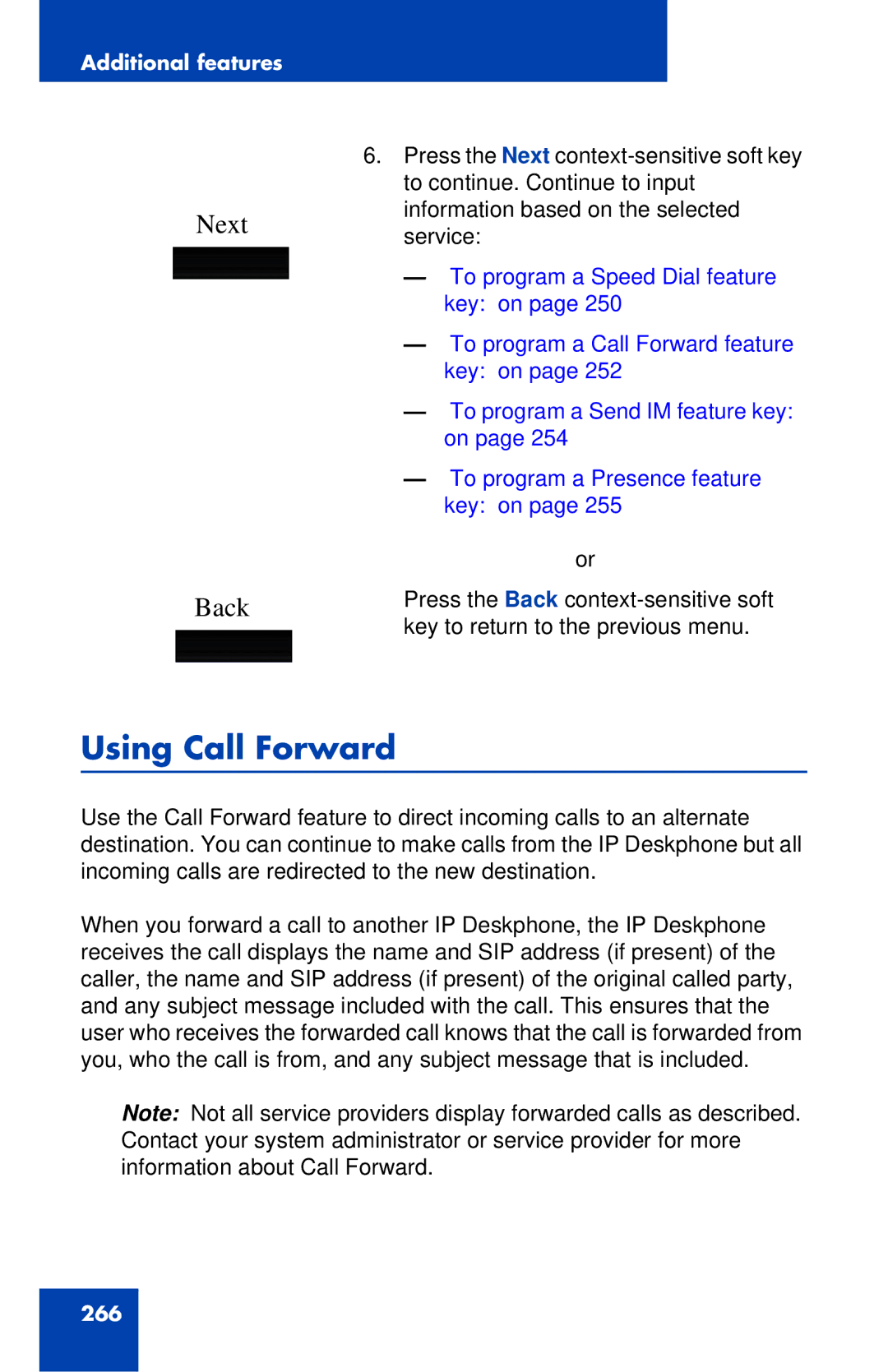 Avaya 1040E manual Using Call Forward, Next Back 