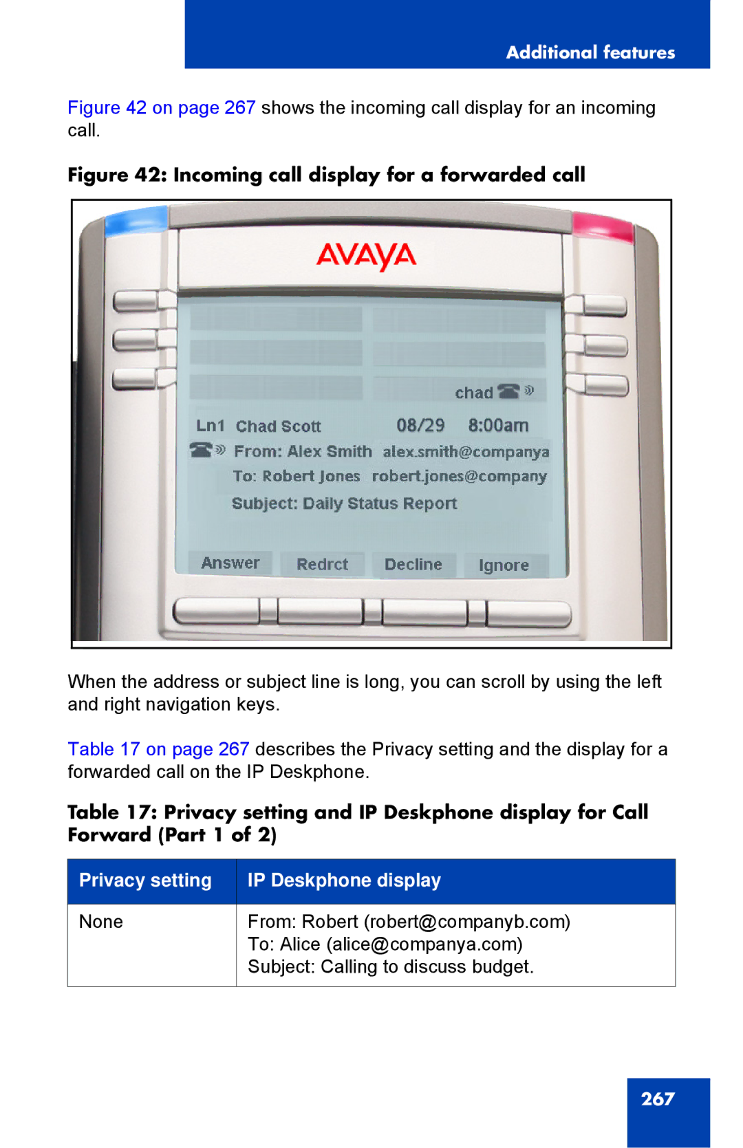 Avaya 1040E manual Incoming call display for a forwarded call, Privacy setting IP Deskphone display 