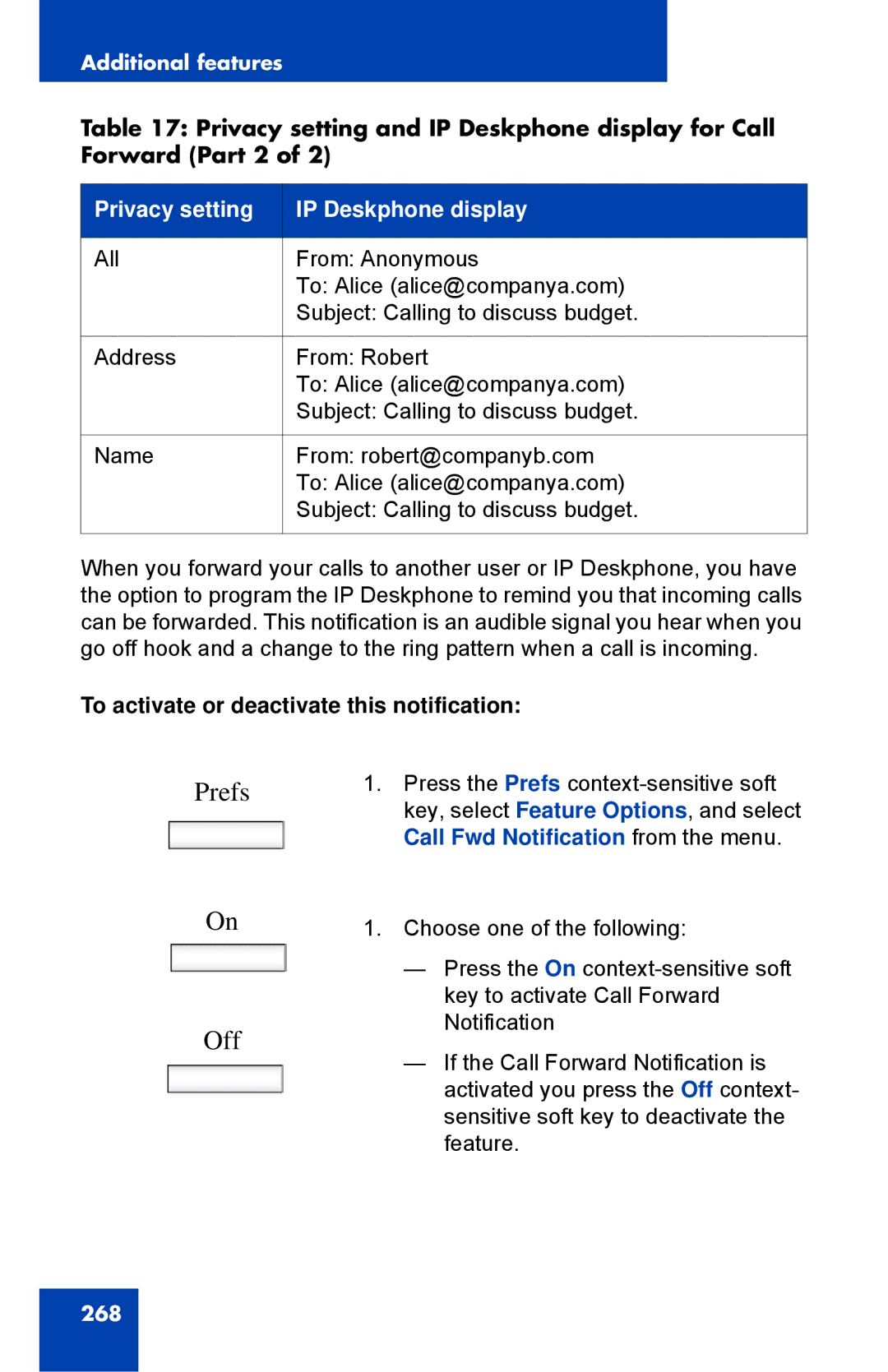 Avaya 1040E manual Prefs Off, To activate or deactivate this notification 