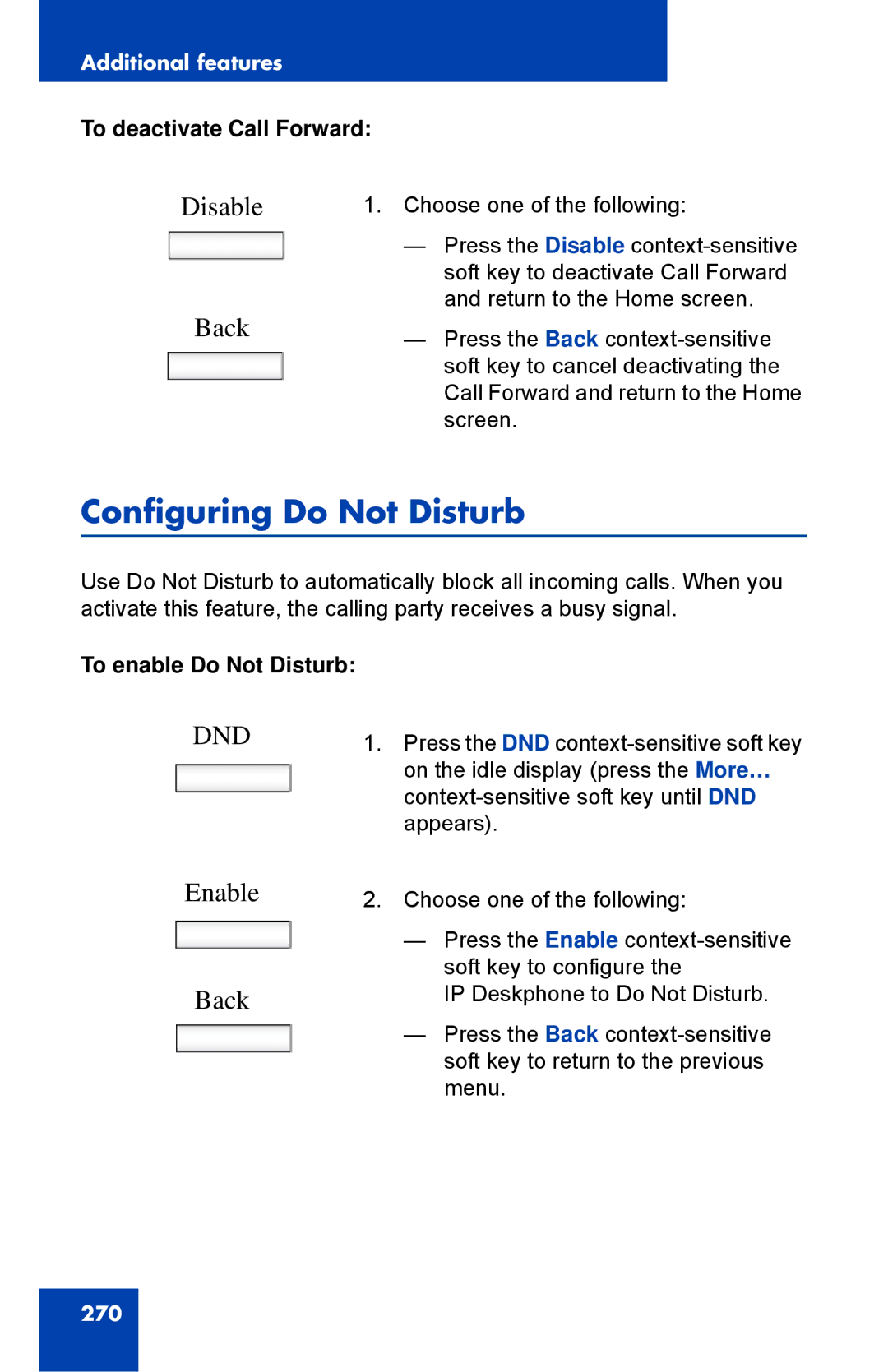 Avaya 1040E Configuring Do Not Disturb, Disable Back, Enable Back, To deactivate Call Forward, To enable Do Not Disturb 