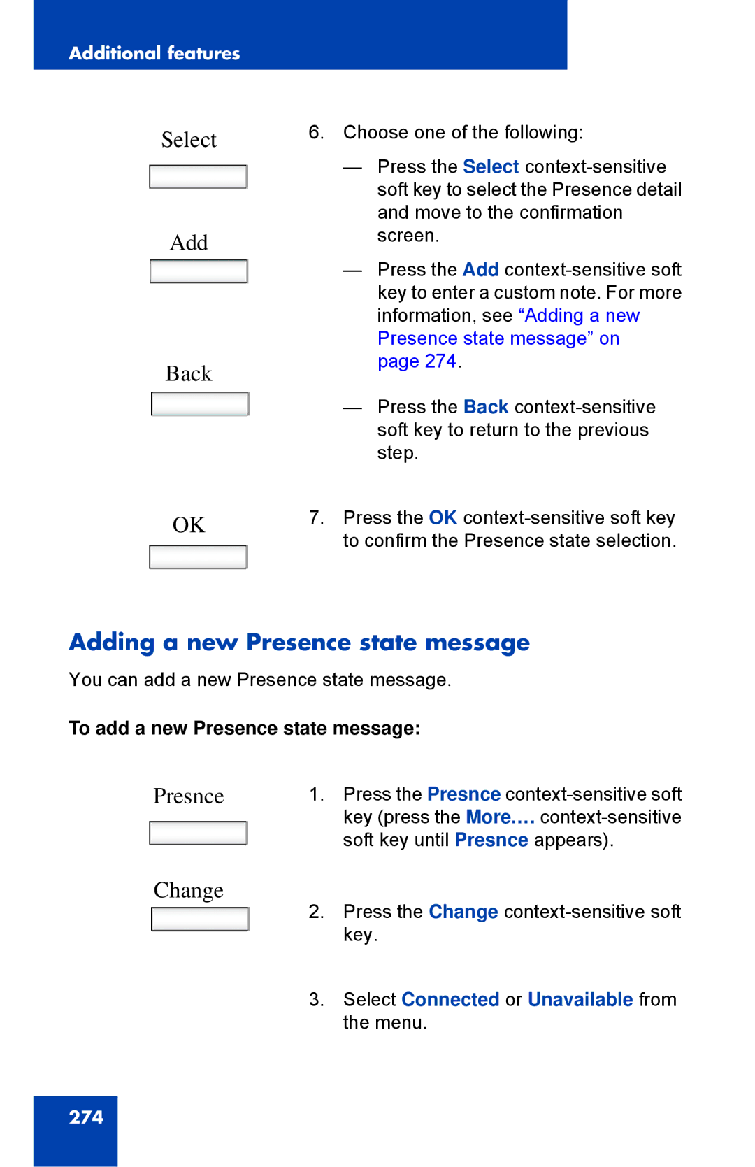 Avaya 1040E manual Add Back, Adding a new Presence state message, To add a new Presence state message 