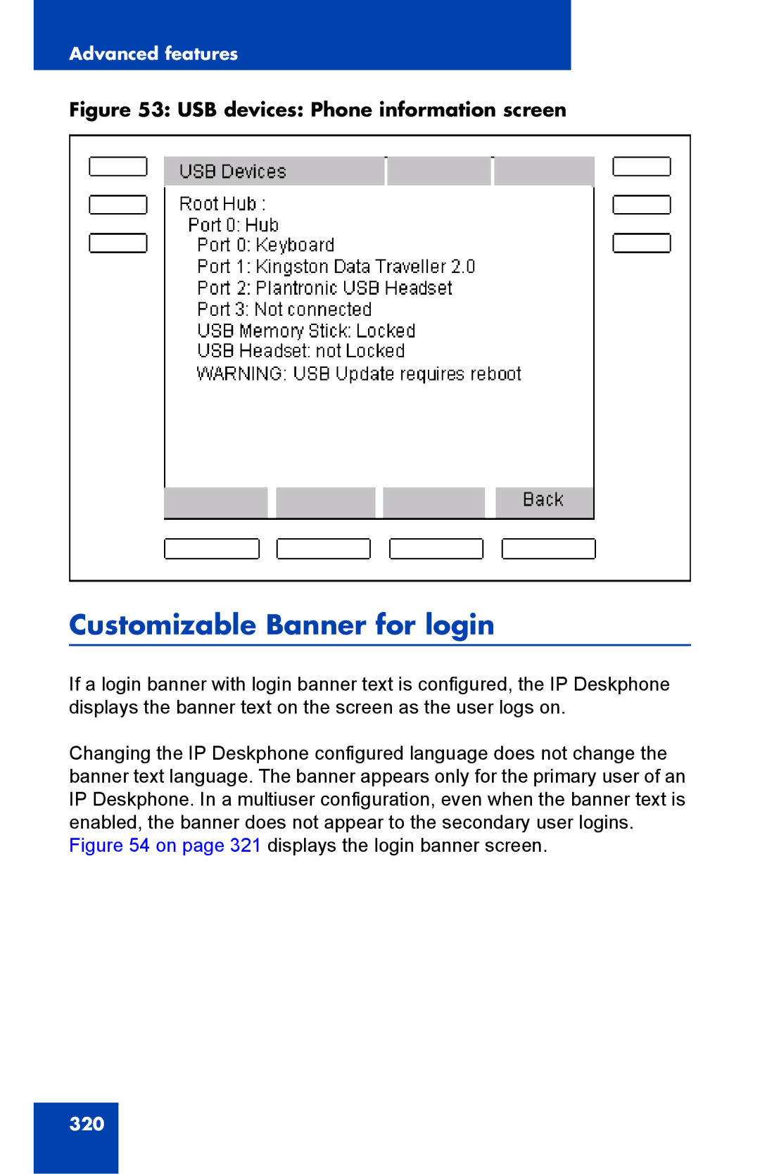 Avaya 1040E manual Customizable Banner for login, USB devices Phone information screen 