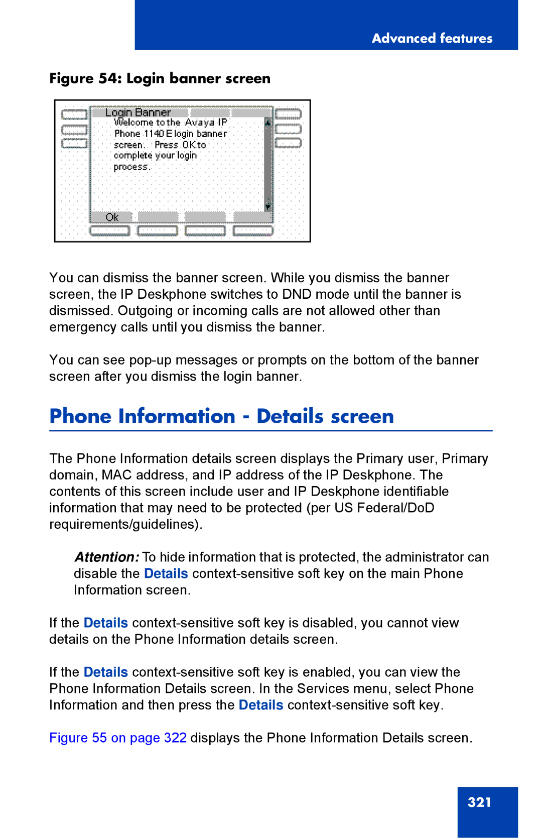 Avaya 1040E manual Phone Information Details screen, Login banner screen 