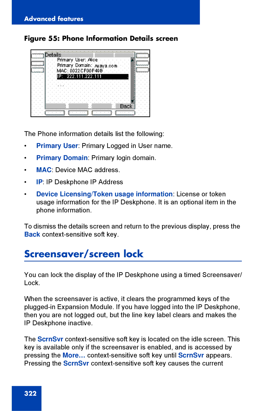 Avaya 1040E manual Screensaver/screen lock, Phone Information Details screen 