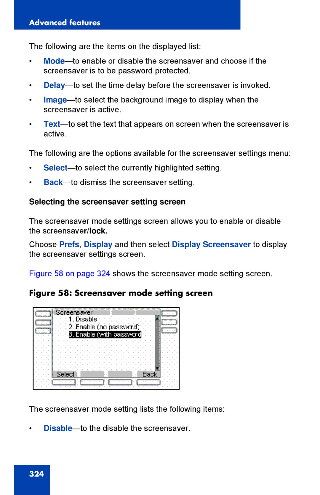 Avaya 1040E manual Selecting the screensaver setting screen, Screensaver mode setting screen 