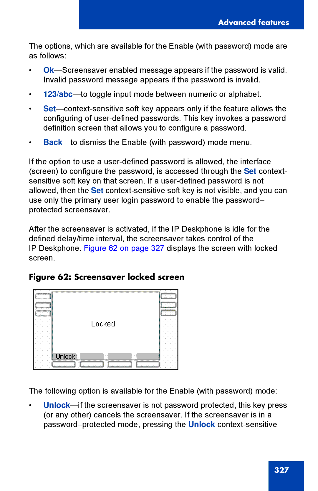 Avaya 1040E manual Screensaver locked screen 