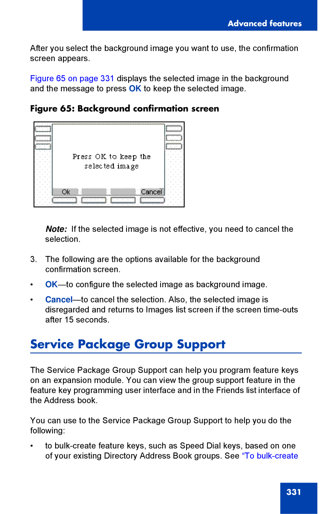 Avaya 1040E manual Service Package Group Support, Background confirmation screen 