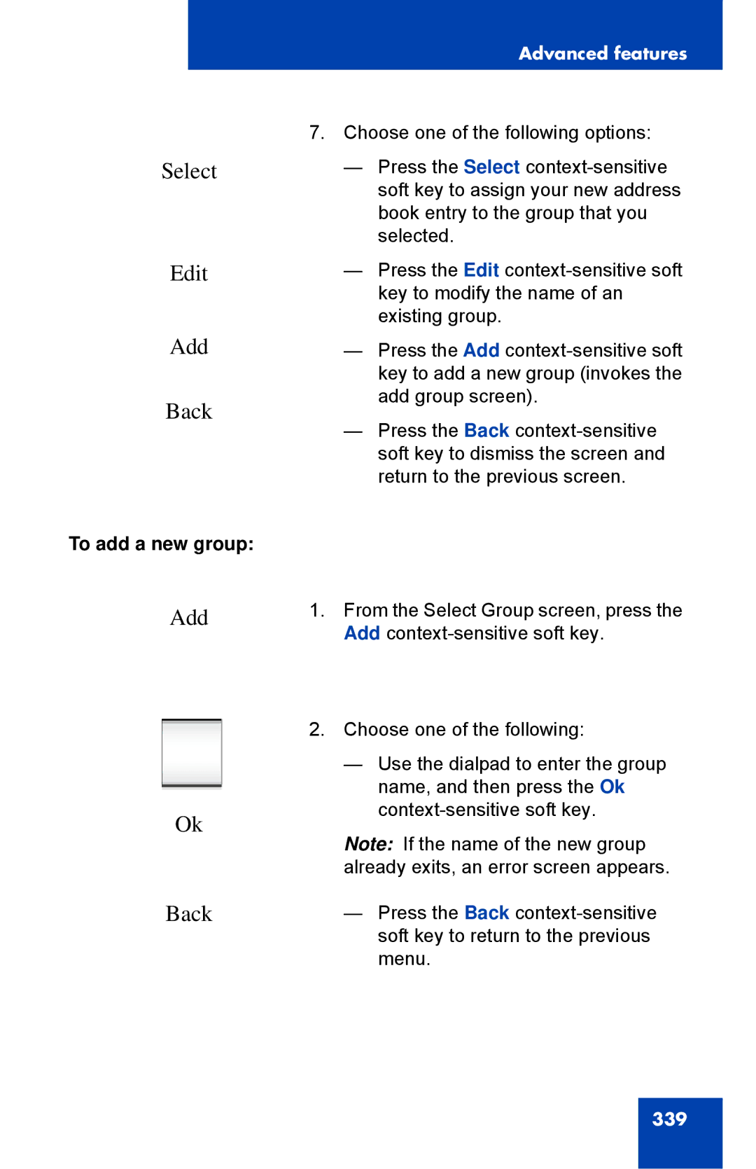 Avaya 1040E manual Select Edit Add Back, To add a new group 