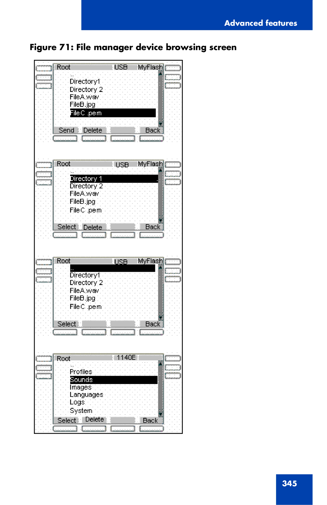 Avaya 1040E manual File manager device browsing screen 